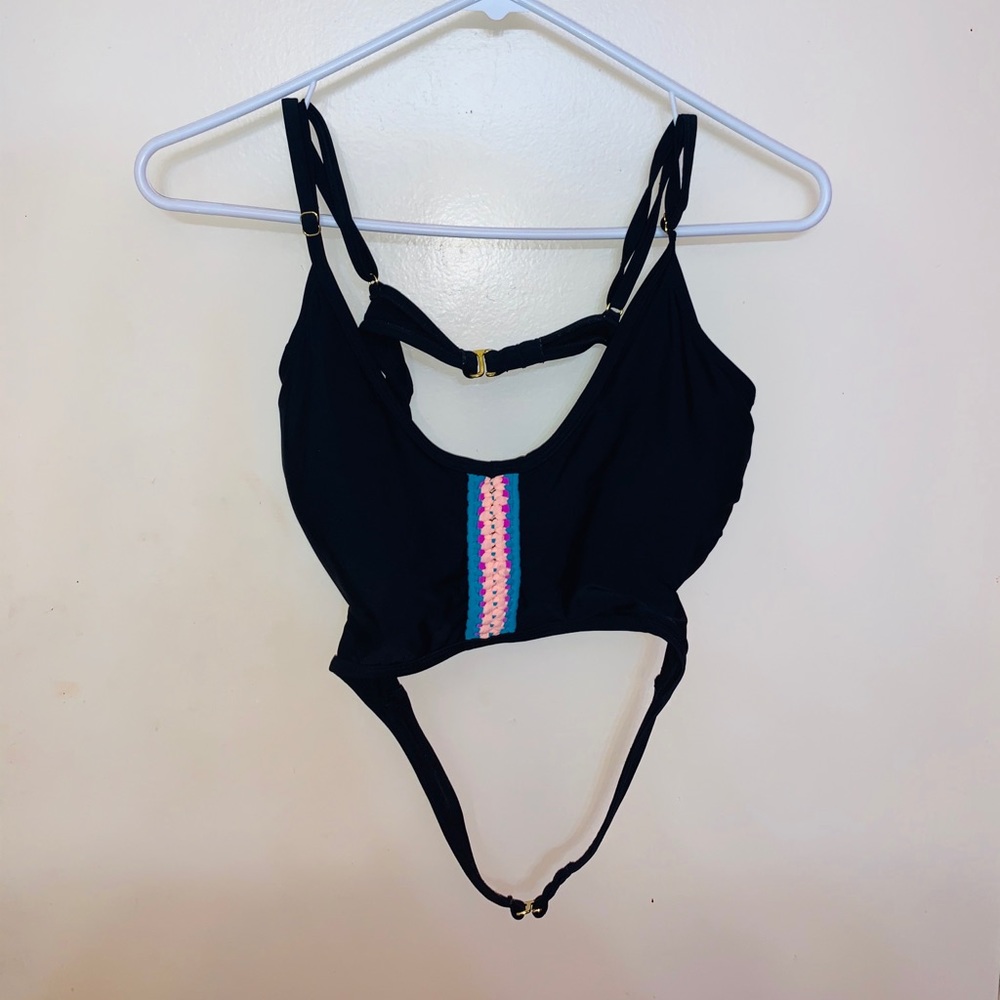 Black Bikini Top With Teal/Pink Crocheting Size L